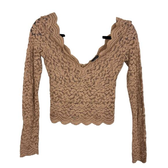 Zara Elegant Floral Lace Long Sleeve V-neck Sheer Top Tan Size Small Going Out - Picture 6 of 6